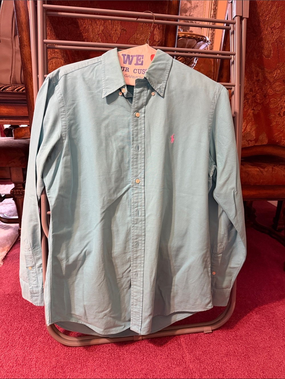 Ralph Lauren Men’s Button-Down Shirt in Light Aqua with Pink Pony